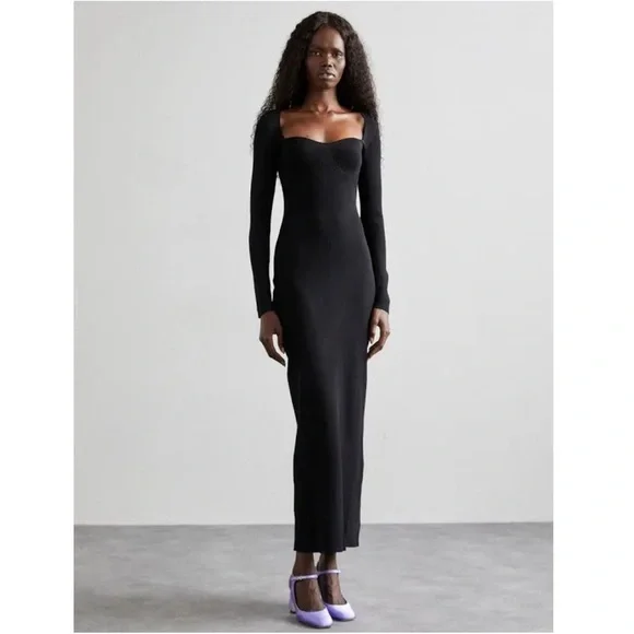 STAUD Silhouette Long Sleeves Ribbed-Knit Maxi Dress, Black, XS
